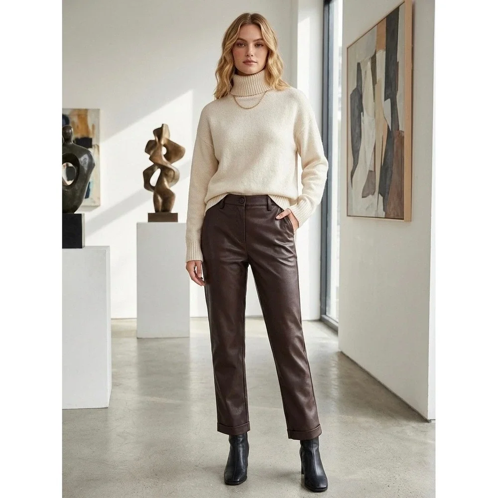 Ruti Vegan Leather Trousers Brown High Waisted Straight Leg Pants